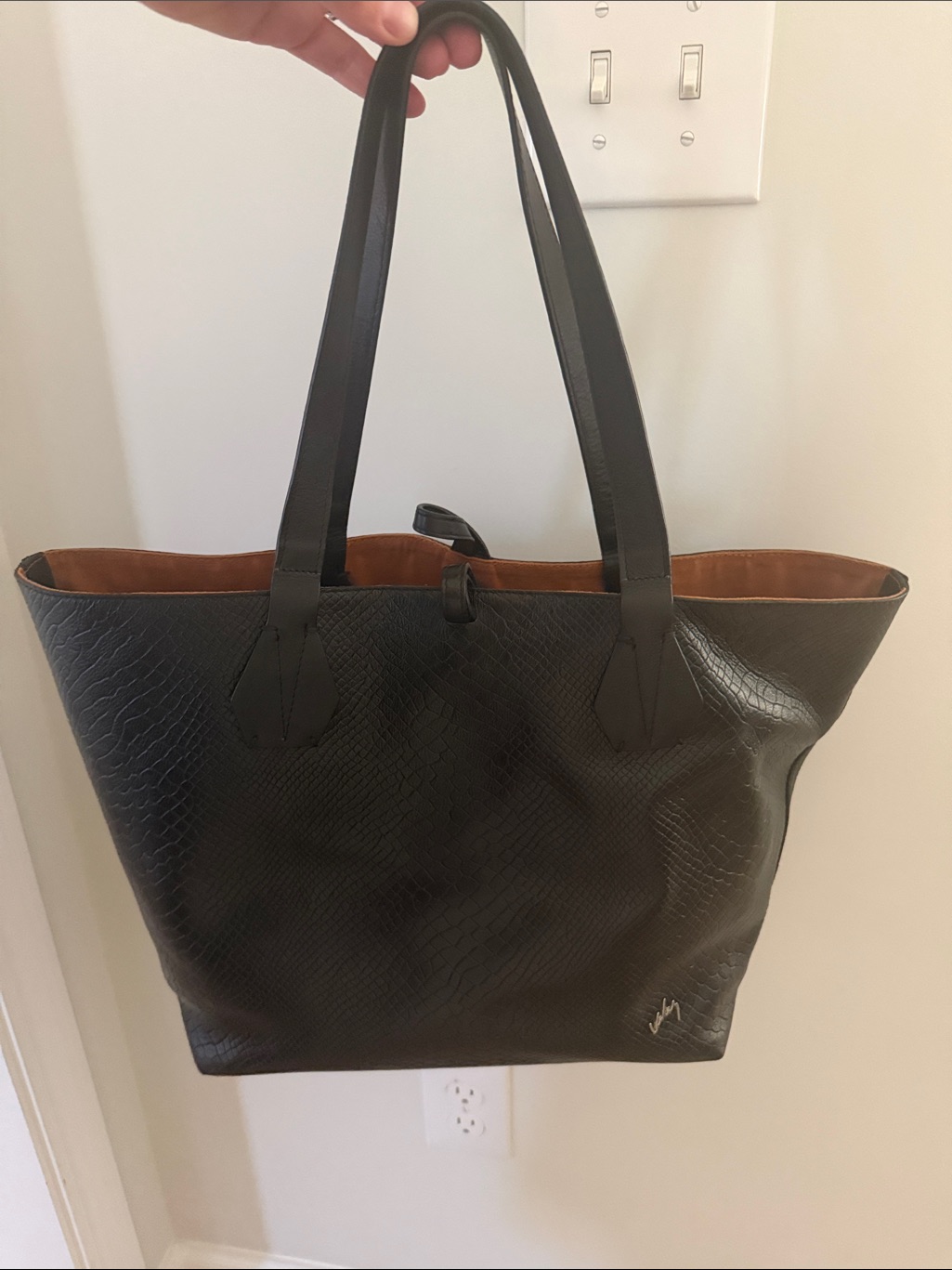 Black Reversible Leather Tote With Tan Interior